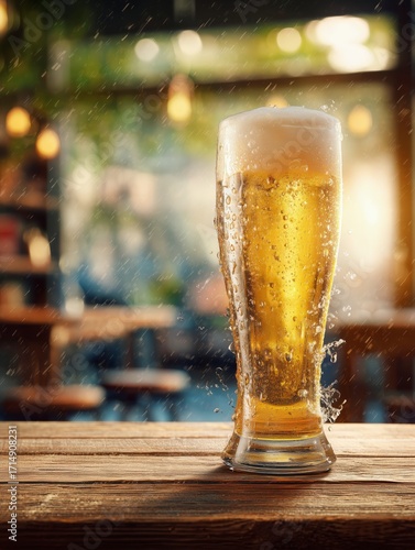 Cold Beer in a Glass With Bubbles Sitting on a Rustic Wooden Table in a Warm,...