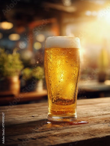 Golden Beer Glass on Wooden Table With Warm Sunlight in Vibrant Bar Setting