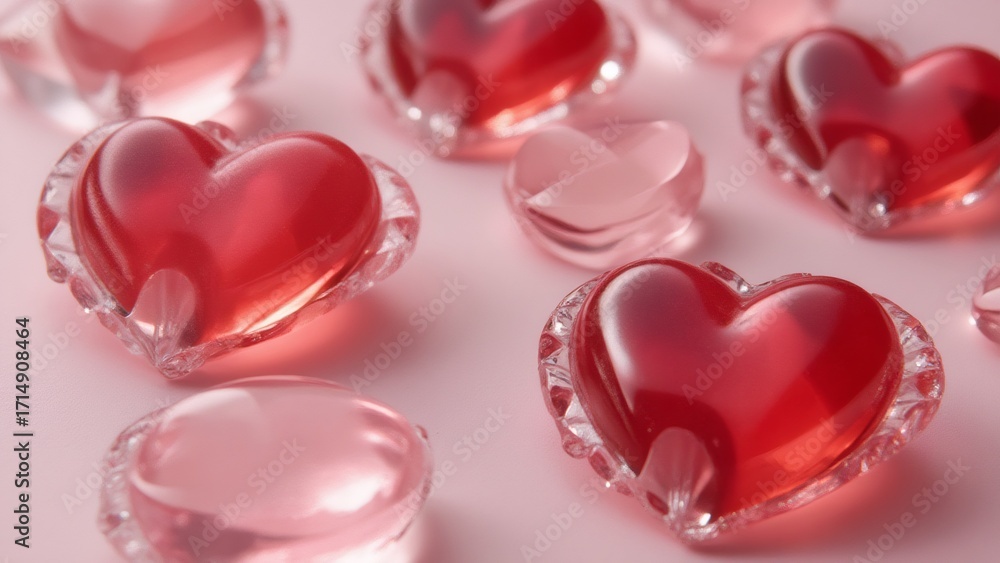 Fototapeta premium Crystal hearts on pink background for Valentine's Day Celebration