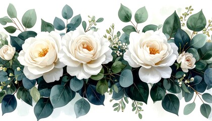 Elegant floral border with cream roses and eucalyptus