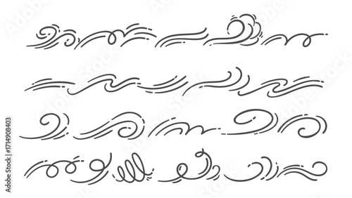 Set of wind and air motion doodles. Swirling, wavy, curling air lines in cartoon doodle style. Different wind, breeze, gust elements. Use for weather, decor, or design projects. Vector illustration.