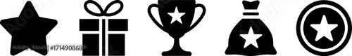 Star shaped gift box trophy sack and prize coin icons