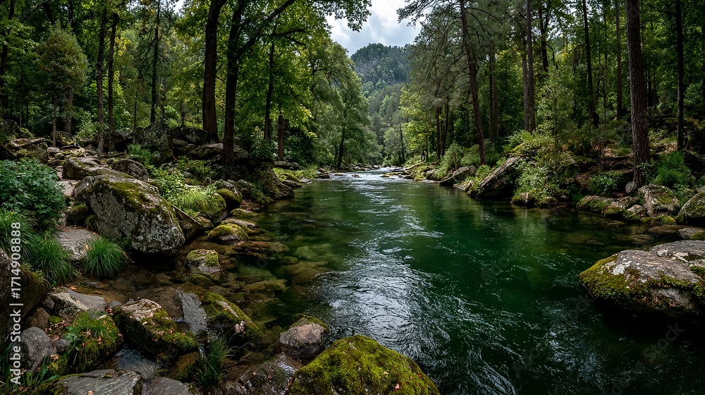 Obraz premium Immersive Watercourse Composition Flowing Through Verdant Forest Canopy – Sustainable Design Visual for Eco-Friendly Branding and Wellness Apps