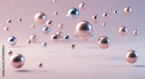 Elegant abstract render of gleaming rose gold and silver metallic spheres floating against a serene pastel gradient, embodying modern luxury and peaceful harmony