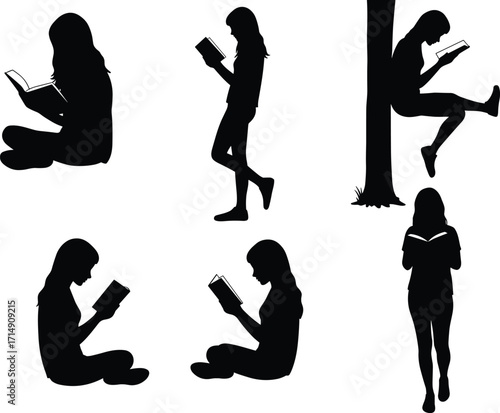 Black silhouette illustration of children reading books in different poses, sitting, standing, leaning on tree, education, literature, learning, vector design