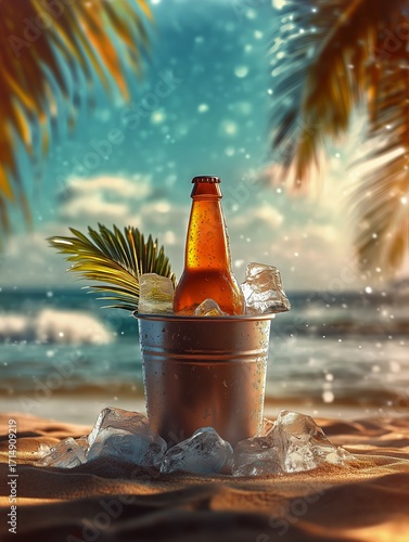 Relaxing Beach Vibe With Cold Drink in Metal Bucket Under Palm Trees.