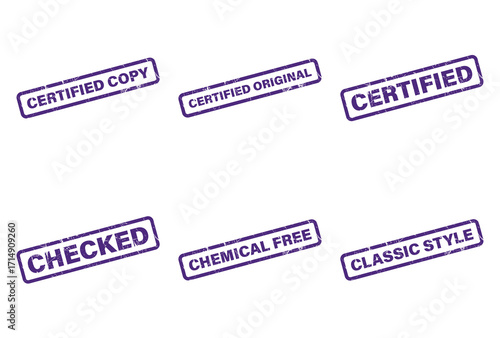 Set of Distressed Purple Ink Stamps with Phrases on a Transparent Background