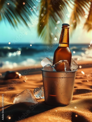 Refreshing Beverage in a Chilled Bucket on a Sunny Beach.