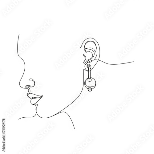 Minimalist line art illustration of a woman's profile featuring an elegant earring, showcasing simplicity and beauty in modern design with a focus on feminine aesthetics