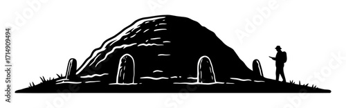 Ancient Burial Mound Silhouette with Archaeologist