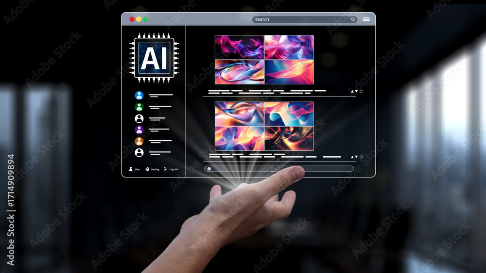 Fototapeta premium A hand interacts with a futuristic AI design gallery displaying vibrant abstract art in a sleek digital workspace, highlighting innovation and creativity. Synapse