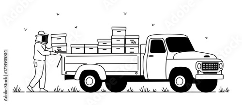 Beekeeper Transporting Hive Boxes, Farm Truck Vector Illustration