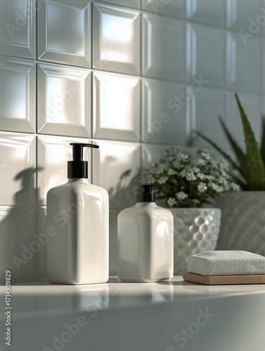 Elegant Bathroom Setting With Soap Dispensers and Plants in Natural Light