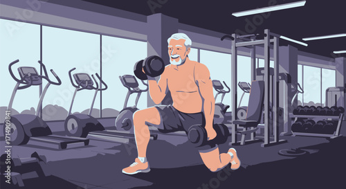 Vibrant senior man actively lifting dumbbells while performing lunges in a contemporary fitness gym, embodying strength, healthy aging, and a dedicated active lifestyle
