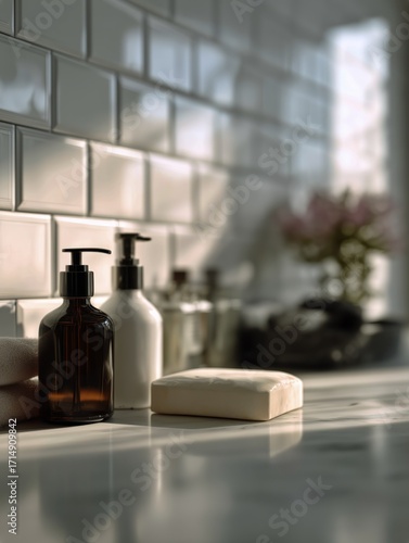 Elegant Bathroom Setting With Soap Dispensers and Plants in Natural Light.