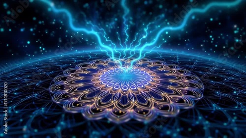 Mandala in virtual reality futuristic electric mandala glowing with energy in cosmic surreal background fantasy tech art style cosmic energy healing art chakra energy mandala