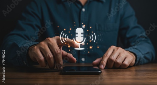 Person using a smartphone with a microphone icon and sound waves overlay.