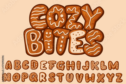 Gingerbread Alphabet Vector Illustration. Detailed Cookie Letters with Icing Decoration. Sweet Holiday Typography Set for Christmas, Winter, Bakery Design, Poster, Greeting Card and Festive Decoration