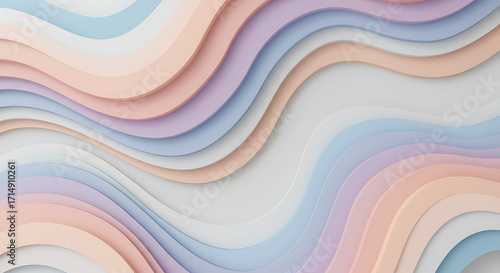 Abstract 3D background featuring smooth, flowing waves and layered shapes in soft pastel colors, creating a serene and modern visual texture for contemporary design projects