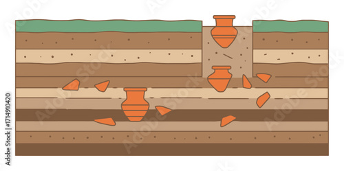 Pottery Fragments in Stratified Soil - Vector Illustration