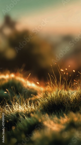 Sunlight Highlights Green Grass in a Serene Landscape During Early Morning Ho...