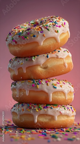 Colorful Stacked Donuts With Sprinkles in a Sweet Display on a Warm Background.