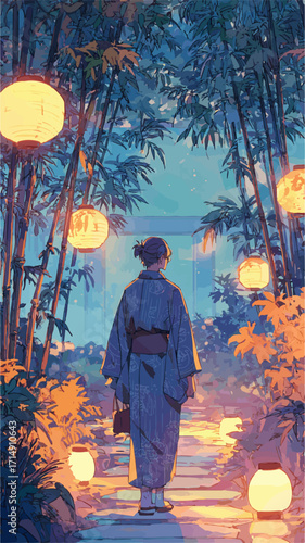 Woman wearing kimono walking through Japanese garden illuminated by paper lanterns at night