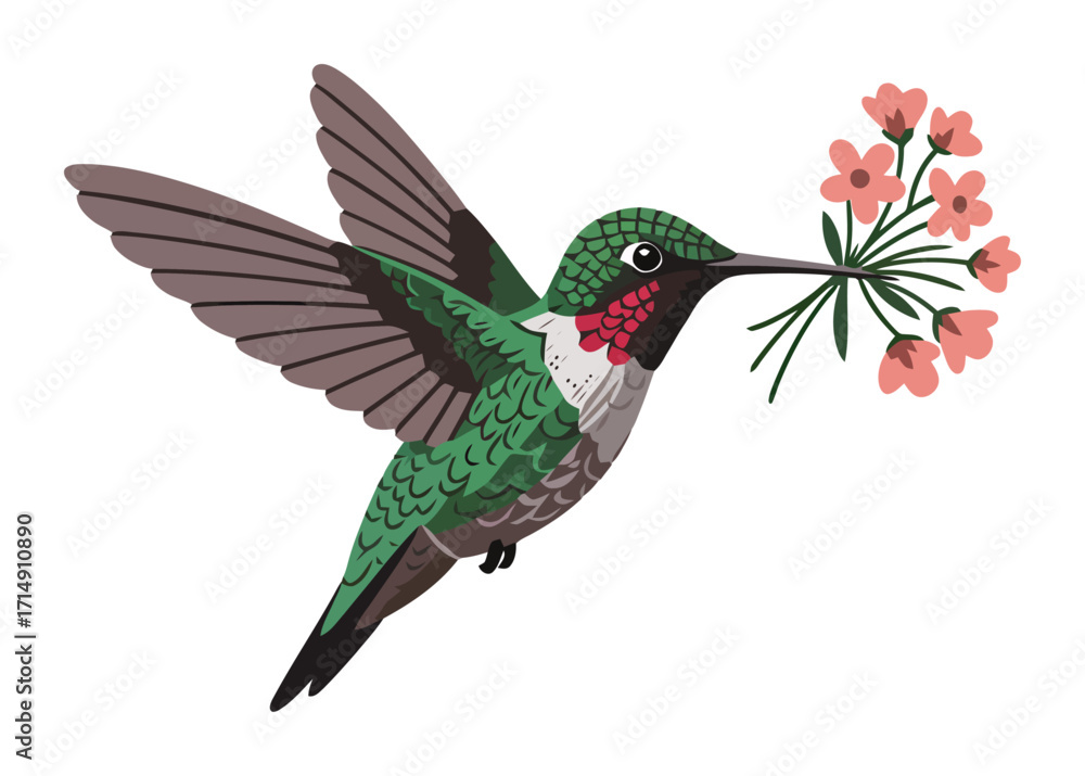 Fototapeta premium Hummingbird with Flower Bouquet Vector Illustration