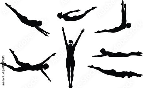 Black silhouette illustration of swimmers diving and swimming poses, aquatic sport sequence, fitness training, synchronized swimming, water activity vector design