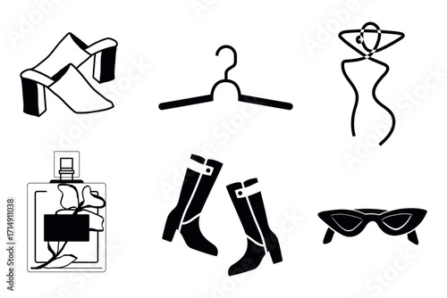 Set of woman accessories, flat lay, high heels,Long shoes, hangar, bodyshape, dress, parfume and sunglass