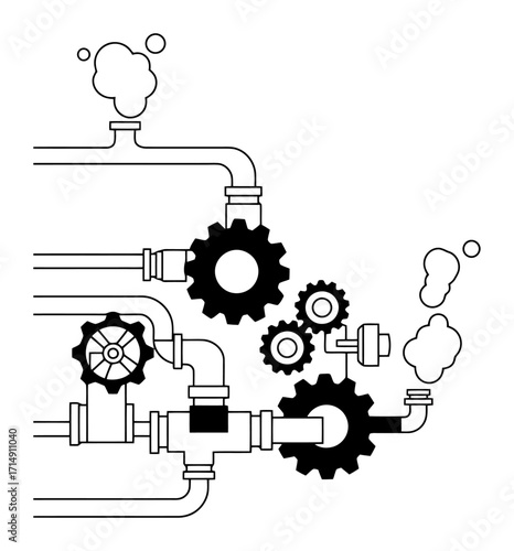 Mechanical Gears & Steam Pipes Vector Illustration