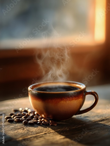 Warm Cup of Coffee Beside Coffee Beans in a Cozy Setting With Sunlight Stream...