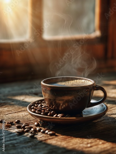 Warm Cup of Coffee Beside Coffee Beans in a Cozy Setting With Sunlight Stream...