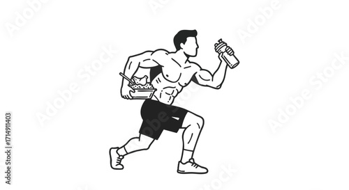 Muscular Man Running with Food and Drink Healthy Lifestyle Illustration