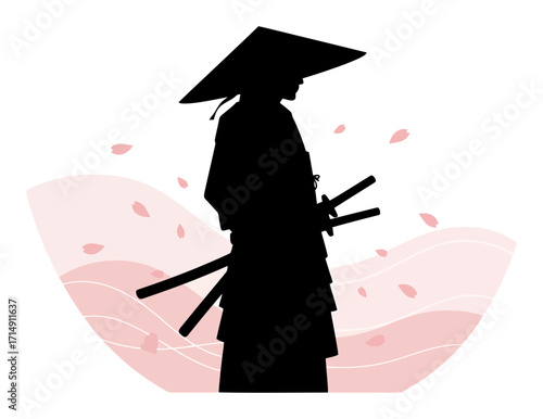 Samurai Warrior with Cherry Blossom Waves Vector Illustration