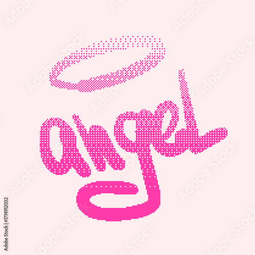 Angel lettering with a halo in a Y2K pink pixel style. Perfect for trendy apparel, stickers, street art posters, and social media graphics.
