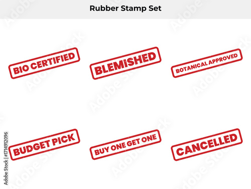 Set of Six Red Grunge Rubber Stamps Bio Certified, Blemished, and More