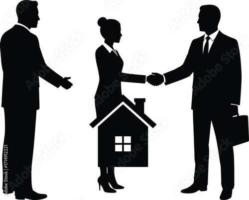 Business professionals handshake with house icon, real estate deal, property agreement, corporate partnership, investment contract, black silhouette vector illustration design