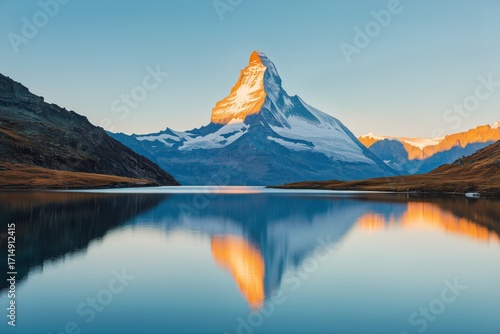 Majestic Mountain Reflects in a Serene Lake at Sunrise in the Swiss Alps