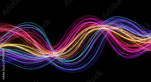 Vibrant Wavy Lines of Light Creating an Abstract Musical Soundwave Pattern on Black Background