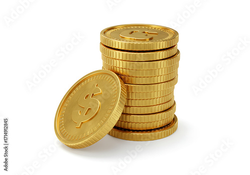 A vibrant stack of gleaming gold dollar coins symbolizing wealth, financial growth, and monetary prosperity, meticulously rendered against a pristine white background with subtle reflections