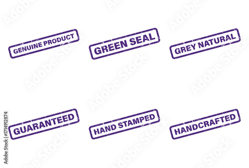 Set of Six Violet Grunge Rubber Stamps on White Background. Genuine, Green Seal