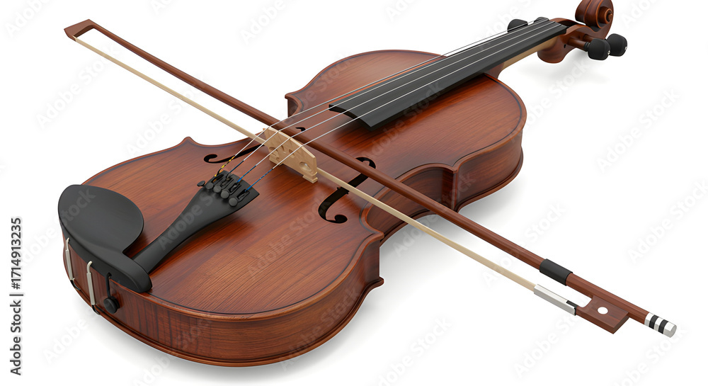 Fototapeta premium Wooden violin with bow isolated on white.