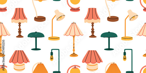 A seamless pattern featuring lamps of various shapes and colors. Flat vector illustration.