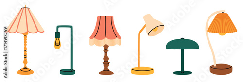 Cute table lamps of various shapes and colors. Flat vector illustration.
