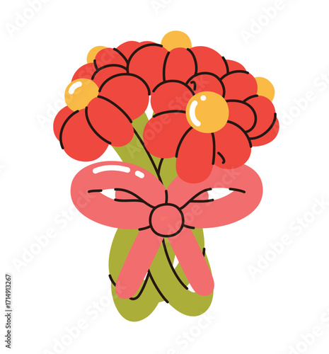 A bouquet of red flowers made from balloons. Flat vector illustration.
