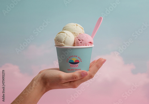 Ice Cream Cup Mockup with Pastel Sky Background