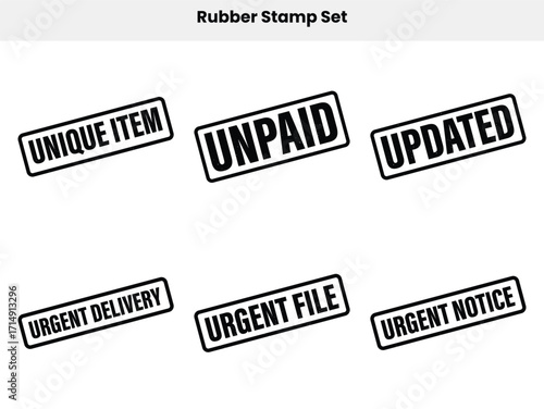 Six Black Stamps with Different Wording on a White Background, Rubber Stamp Set