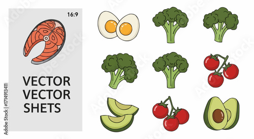 Healthy eating healthy food vector illustration featuring salmon eggs broccoli tomatoes and avocado for diet and nutrition 16:9 vector