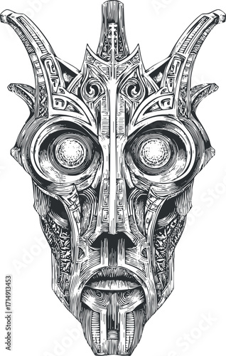 Intricate tribal mask illustration featuring detailed patterns and cultural symbolism in black and white.